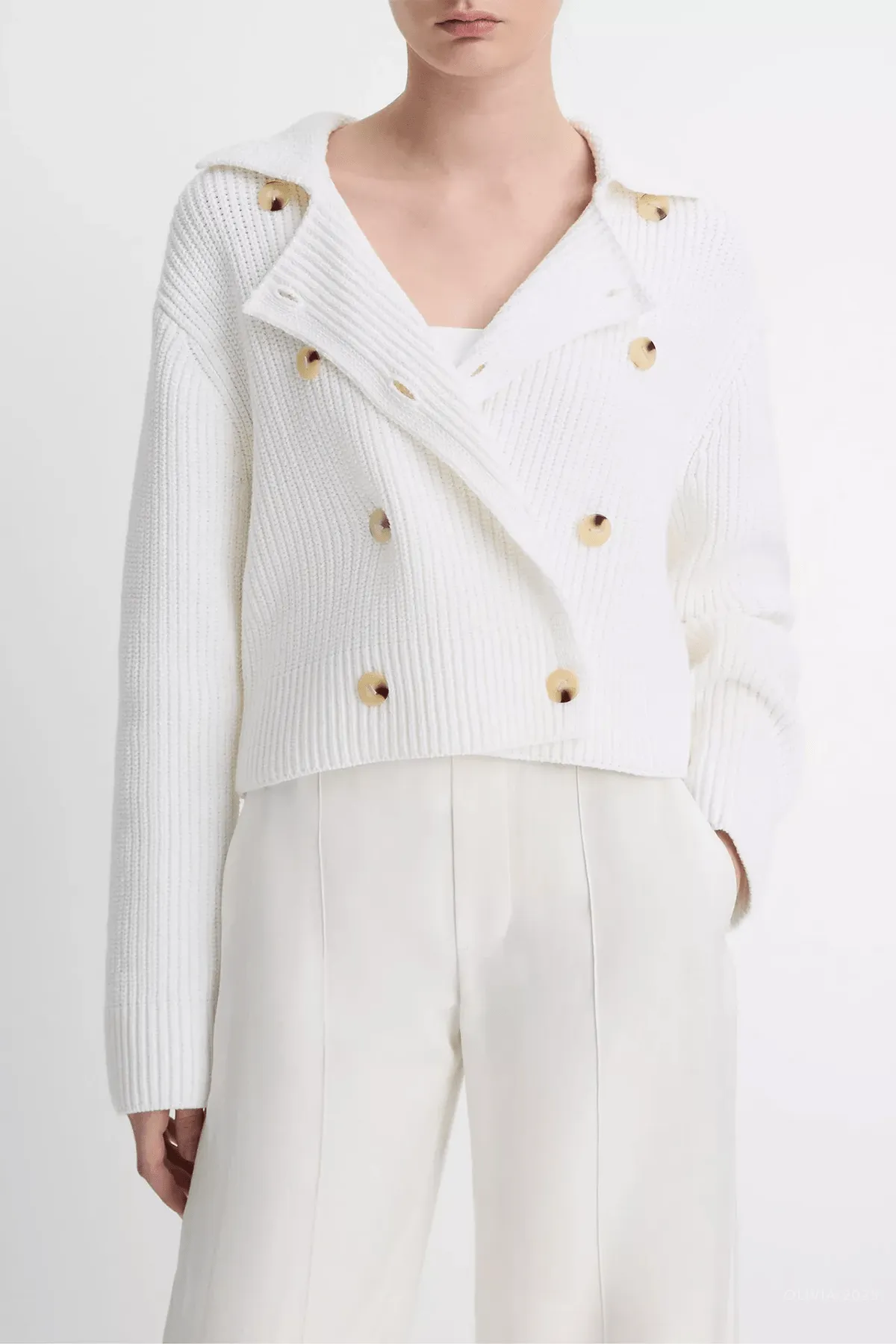 Cotton-Blend Double-Breasted Sweater Jacket in Off-White