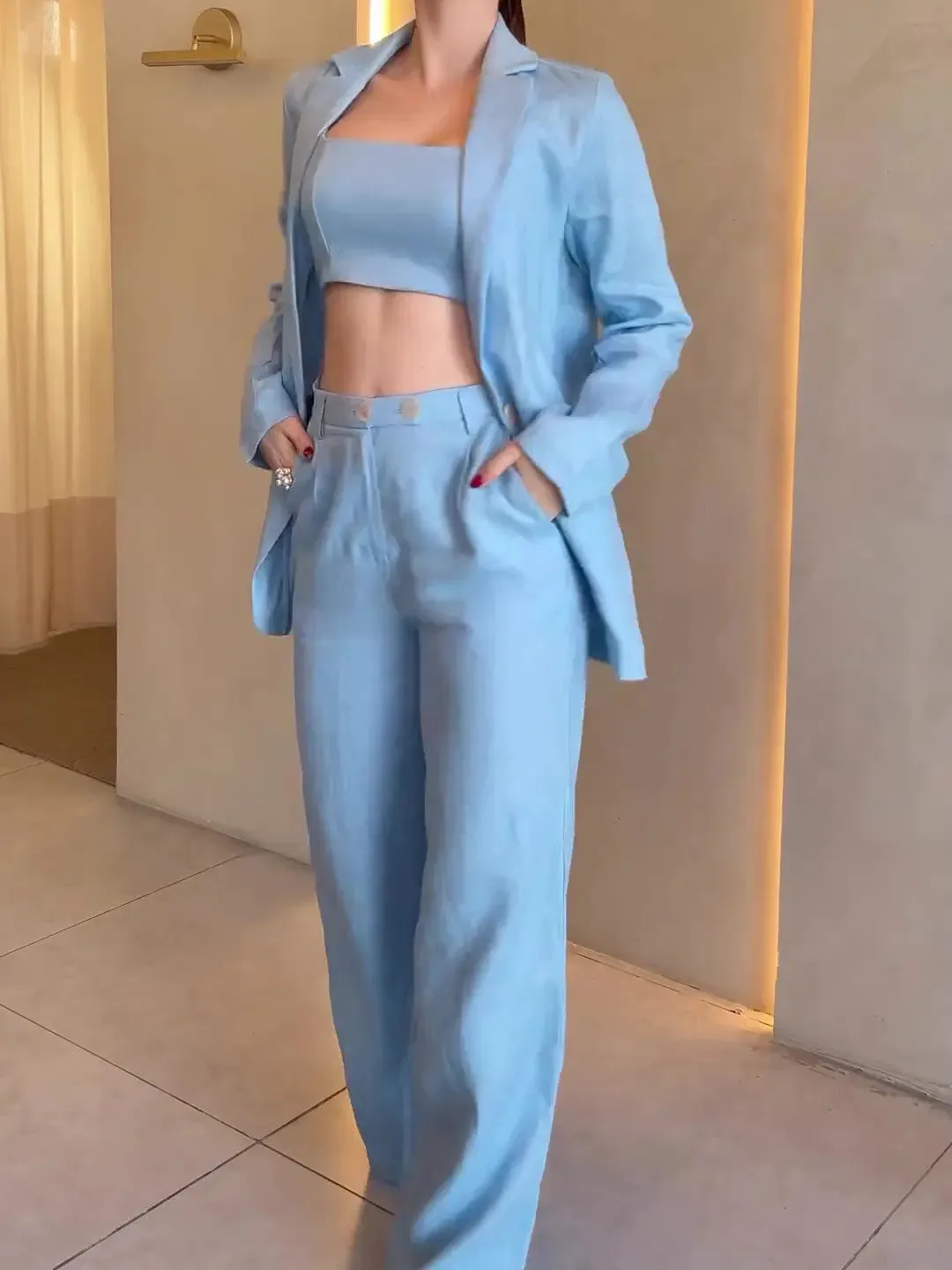 Cotton Linen Three-Piece Set - Jacket Camisole  High-Waisted Pants