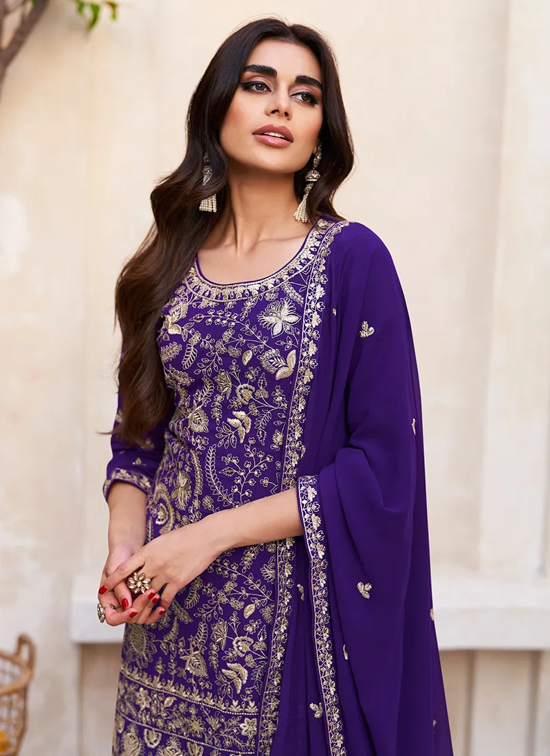 Dark Blue Embroidery Traditional Sharara Suit