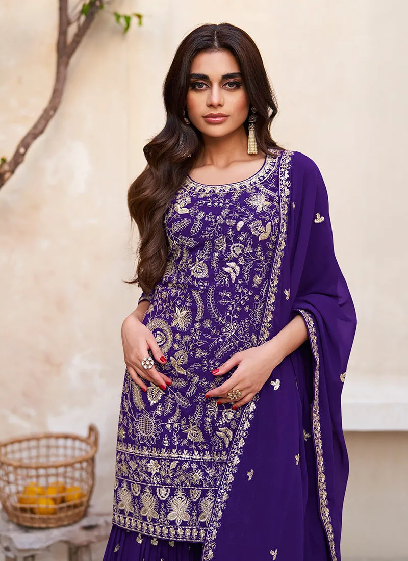 Dark Blue Embroidery Traditional Sharara Suit