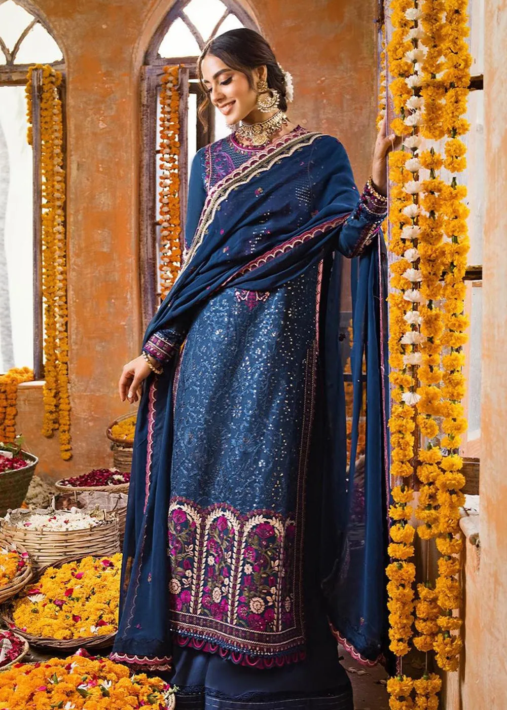 Dark Blue Long Kameez Salwar for Pakistani Party Wear