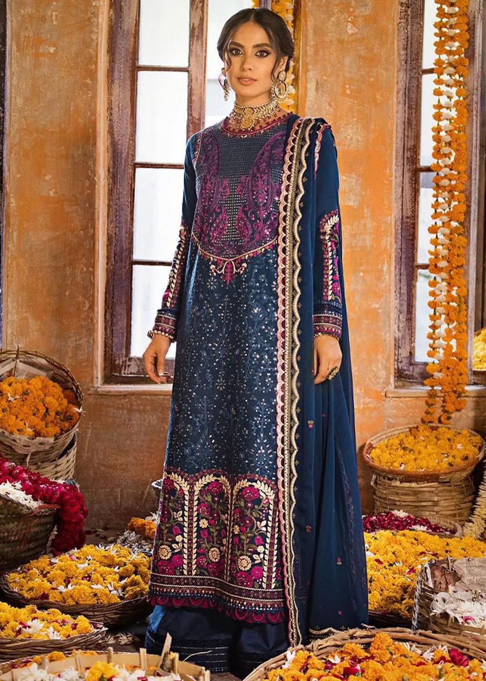 Dark Blue Long Kameez Salwar for Pakistani Party Wear
