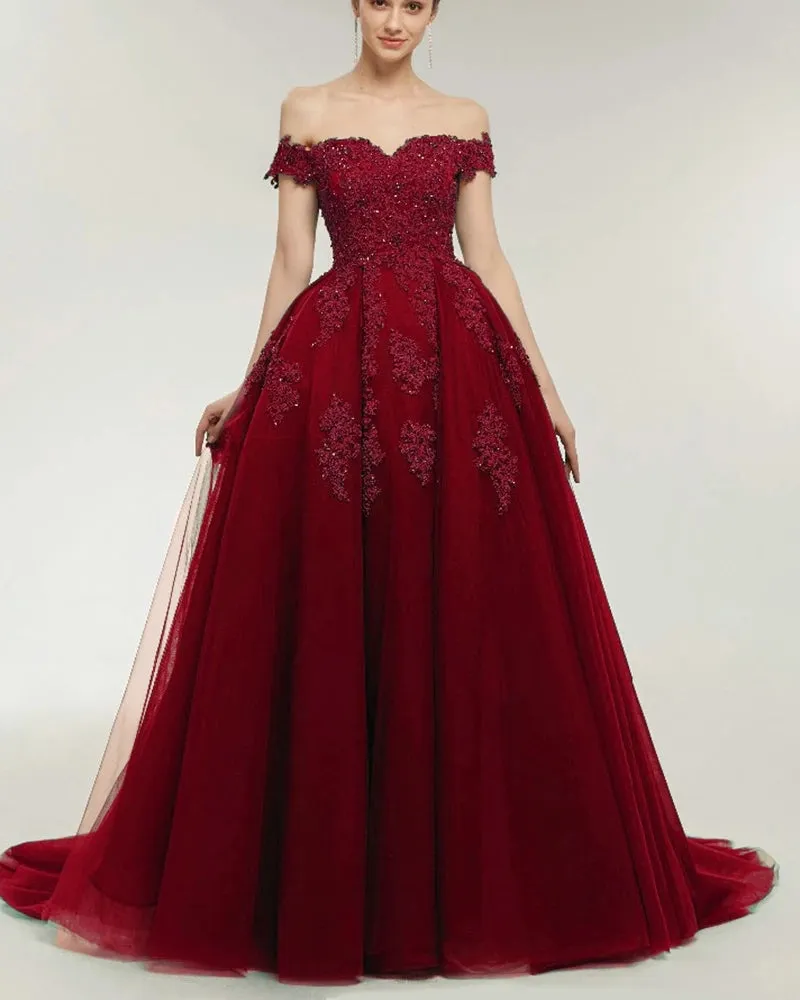 Dark Green Lace Ball Gown Prom Dresses Off the Shoulder Formal Gowns