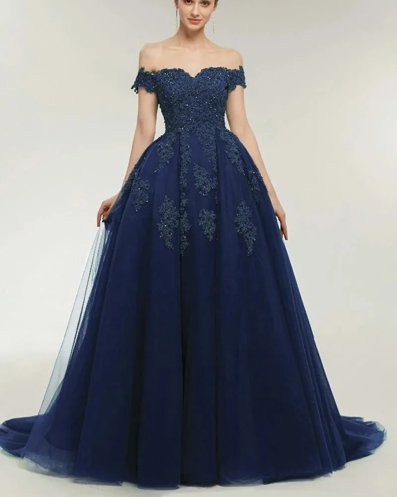 Dark Green Lace Ball Gown Prom Dresses Off the Shoulder Formal Gowns