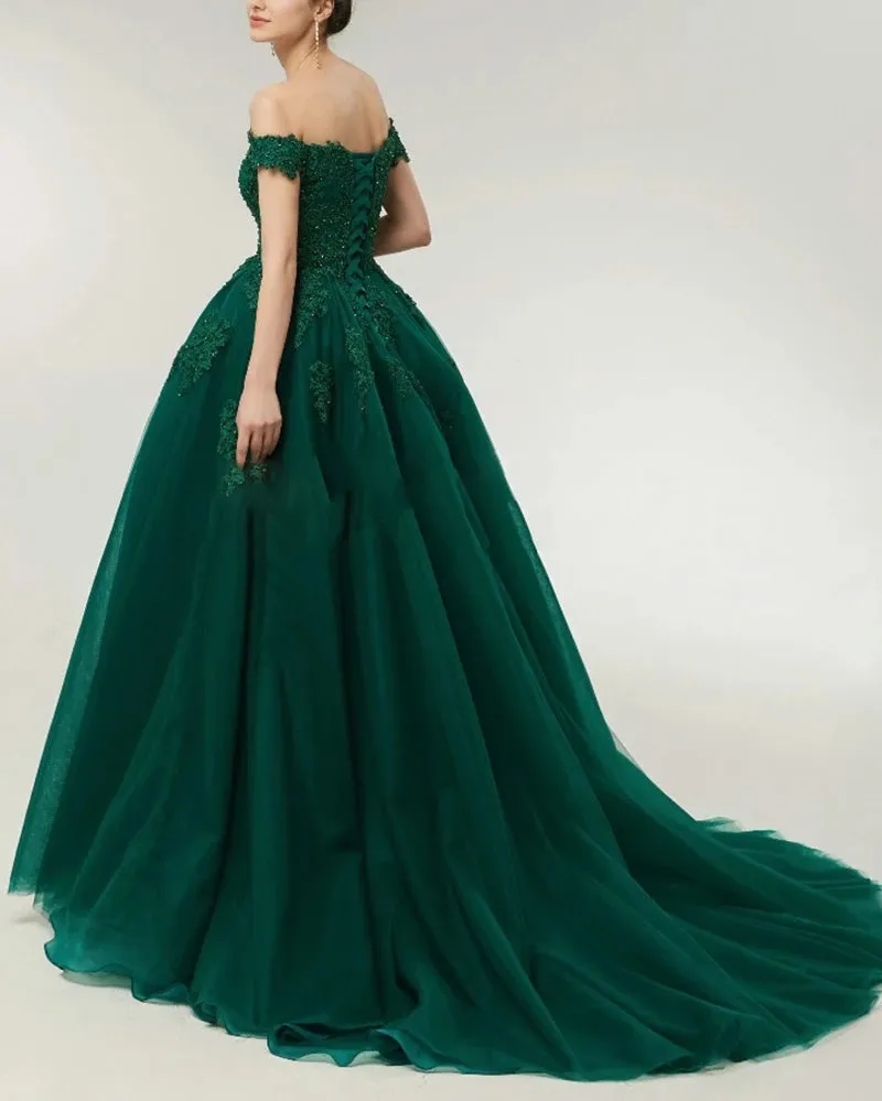 Dark Green Lace Ball Gown Prom Dresses Off the Shoulder Formal Gowns