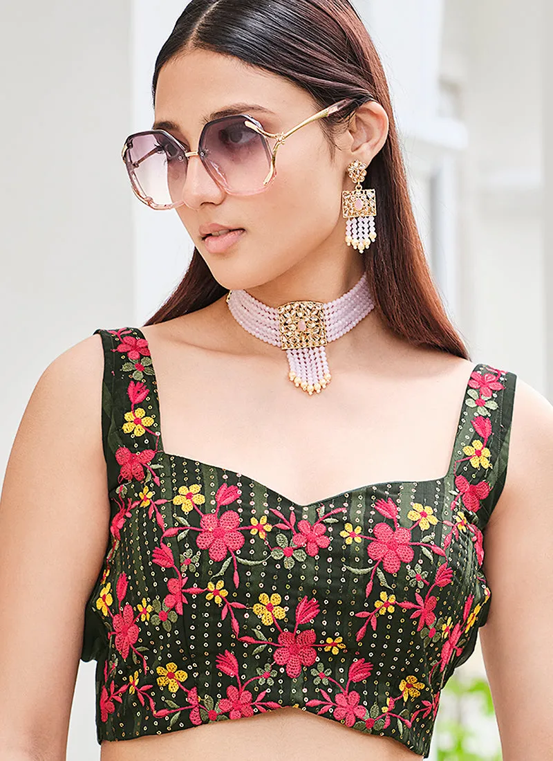 Dark Green Mirror Work Embroidery Cape Style Co-Ord Palazzo Set