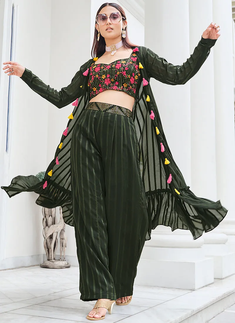 Dark Green Mirror Work Embroidery Cape Style Co-Ord Palazzo Set