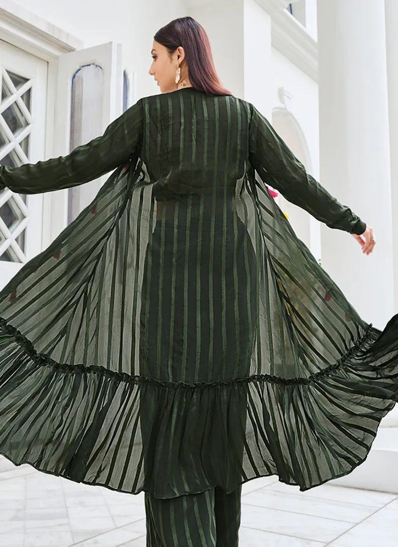 Dark Green Mirror Work Embroidery Cape Style Co-Ord Palazzo Set