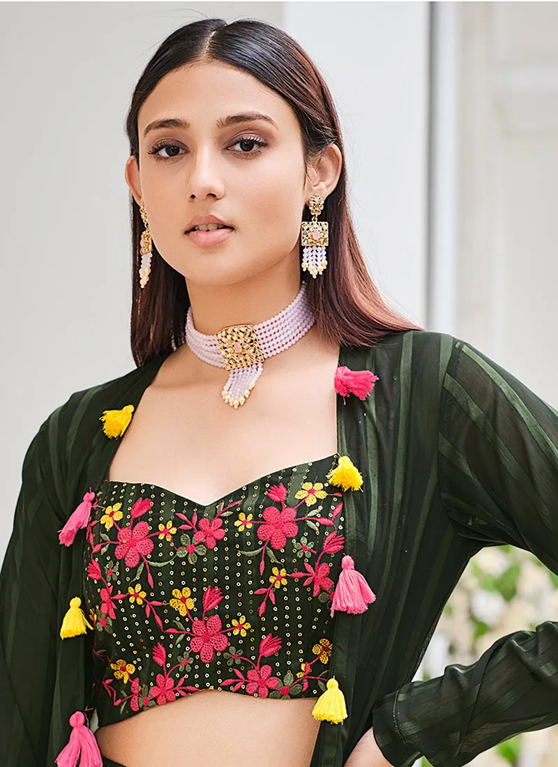 Dark Green Mirror Work Embroidery Cape Style Co-Ord Palazzo Set