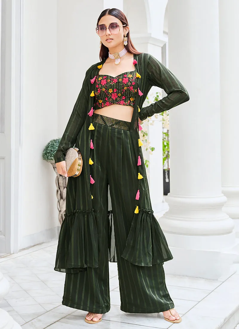 Dark Green Mirror Work Embroidery Cape Style Co-Ord Palazzo Set