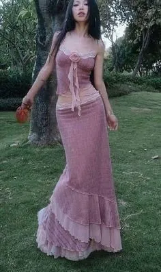 Dusty Pink Two Pieces Mermaid Chiffon Long Party Dresses Wedding Guest Dress, D1025
