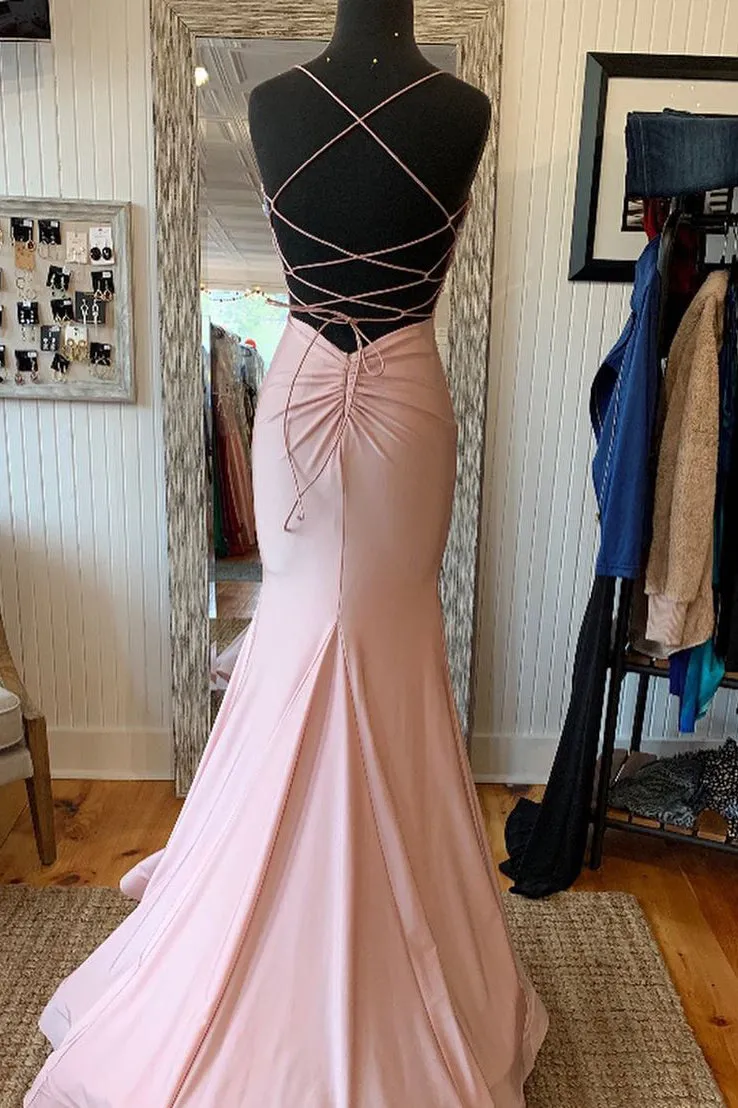 Elegant Mermaid V Neck Lace-Up Back Pink Long Prom Dress