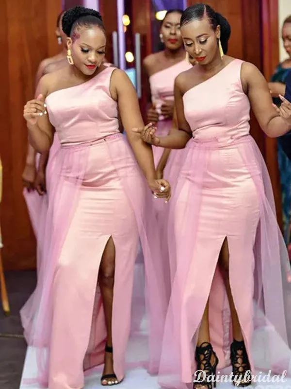 Elegant One Shoulder Satin Tulle Mermaid Bridesmaid Dresses with Side Slit, BG248