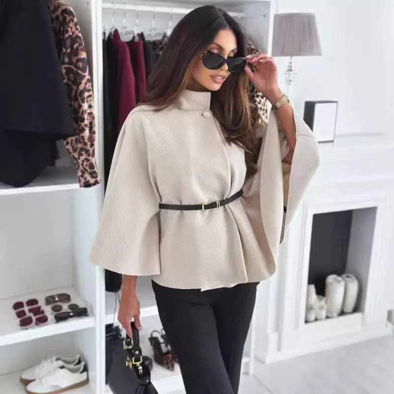 Elegant Stand Collar Batwing Sleeve Cloak Top with Belt