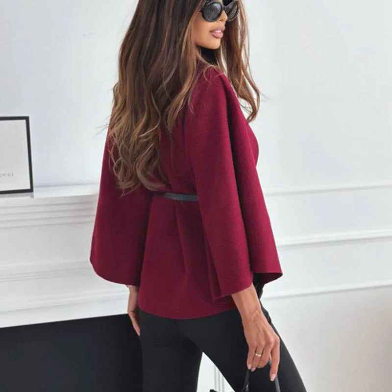 Elegant Stand Collar Batwing Sleeve Cloak Top with Belt