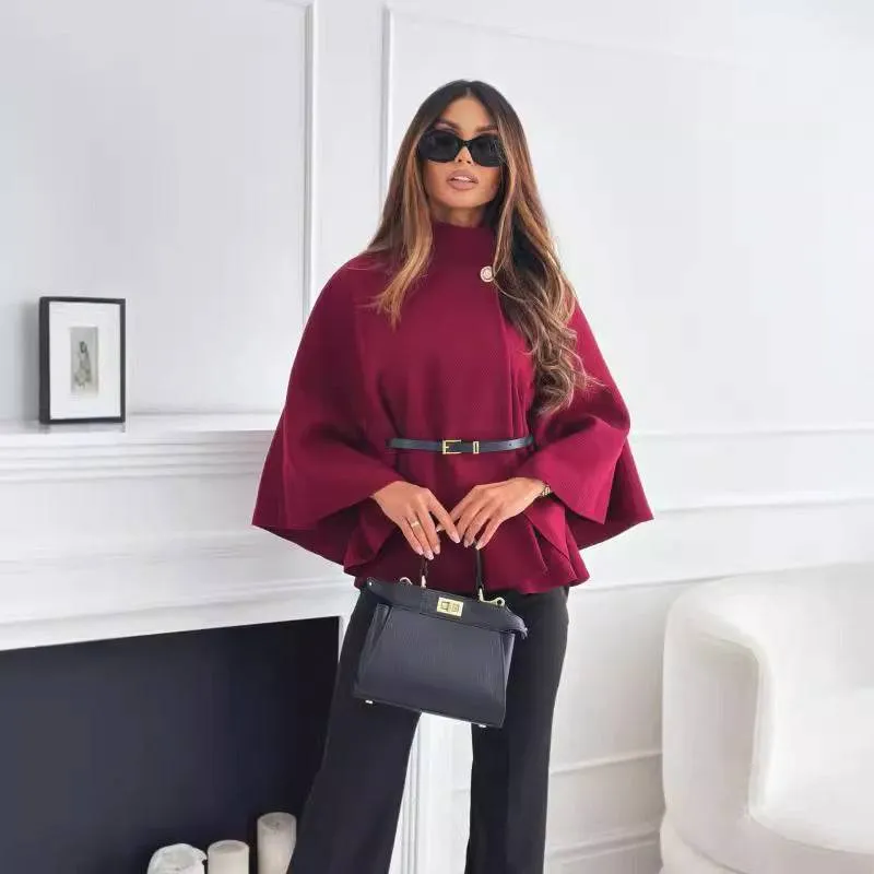 Elegant Stand Collar Batwing Sleeve Cloak Top with Belt