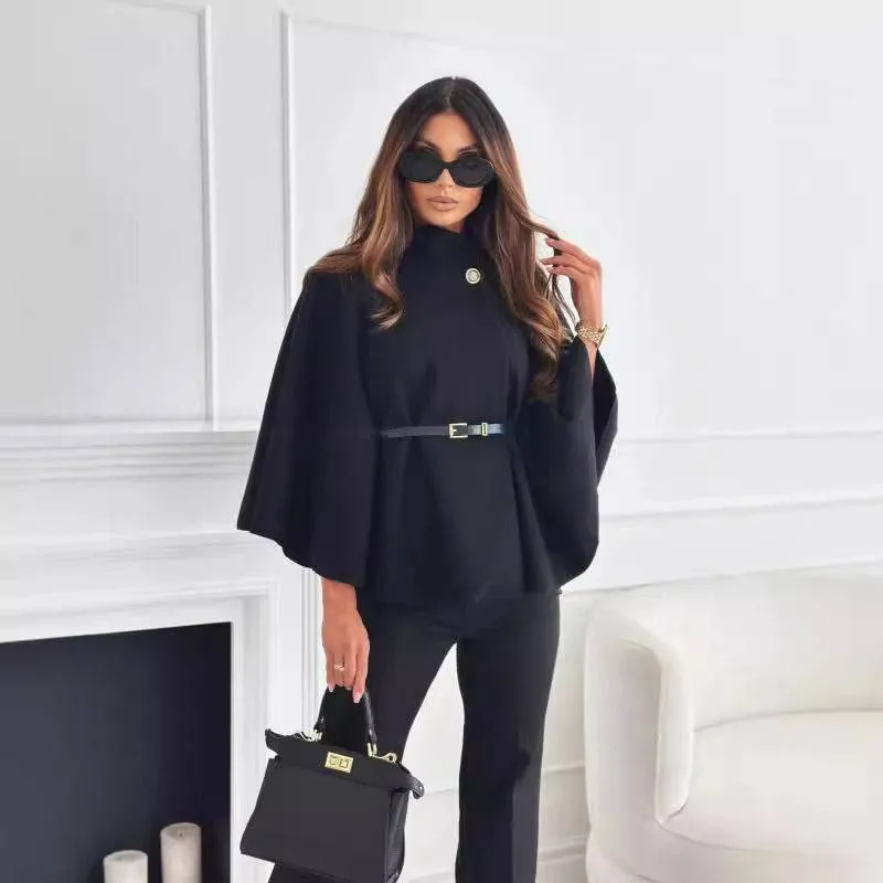 Elegant Stand Collar Batwing Sleeve Cloak Top with Belt
