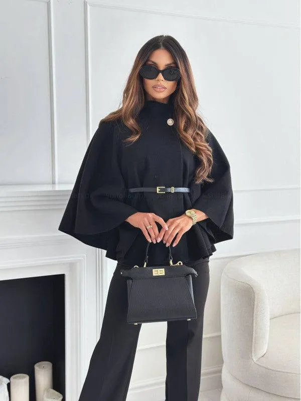 Elegant Stand Collar Batwing Sleeve Cloak Top with Belt