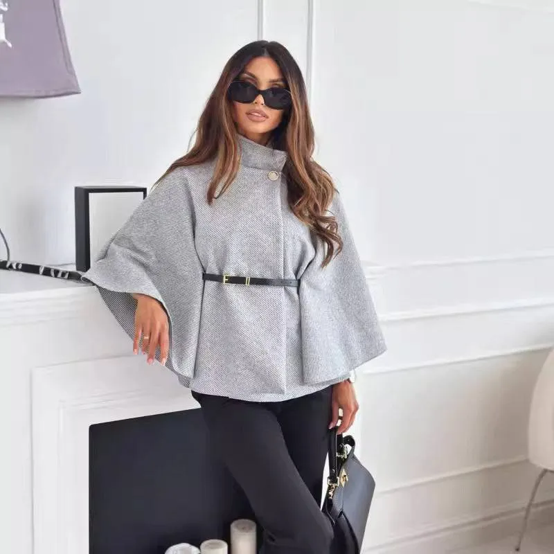 Elegant Stand Collar Batwing Sleeve Cloak Top with Belt