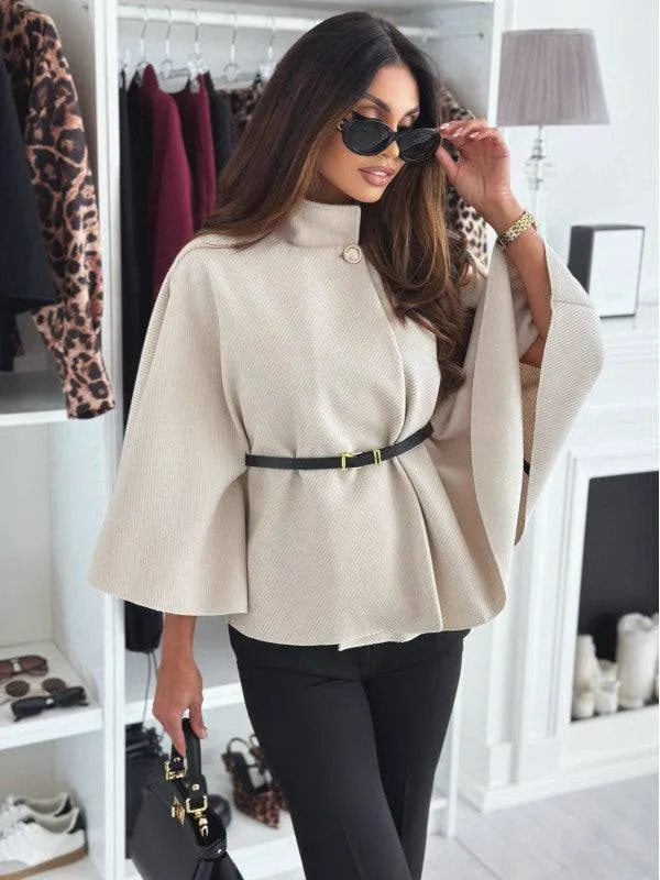 Elegant Stand Collar Batwing Sleeve Cloak Top with Belt