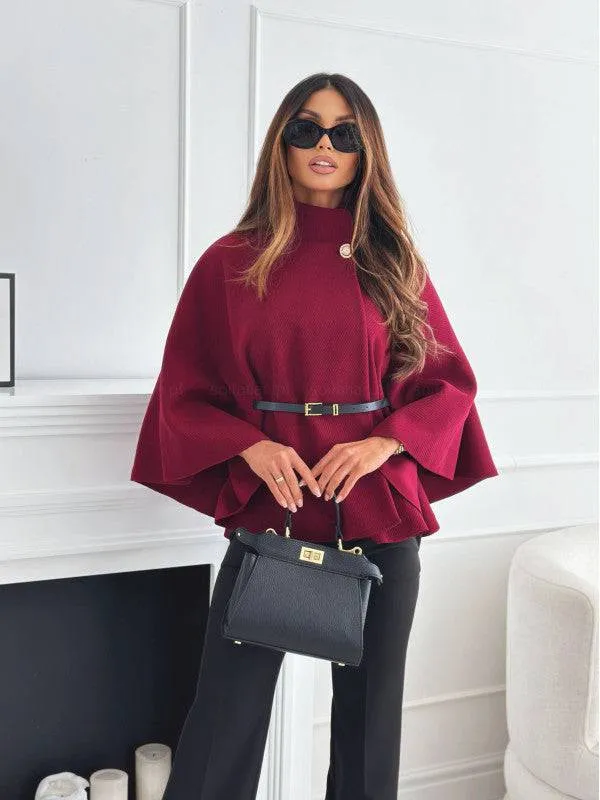 Elegant Stand Collar Batwing Sleeve Cloak Top with Belt