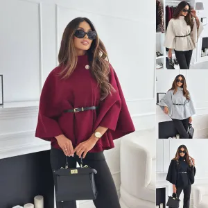 Elegant Stand Collar Batwing Sleeve Cloak Top with Belt
