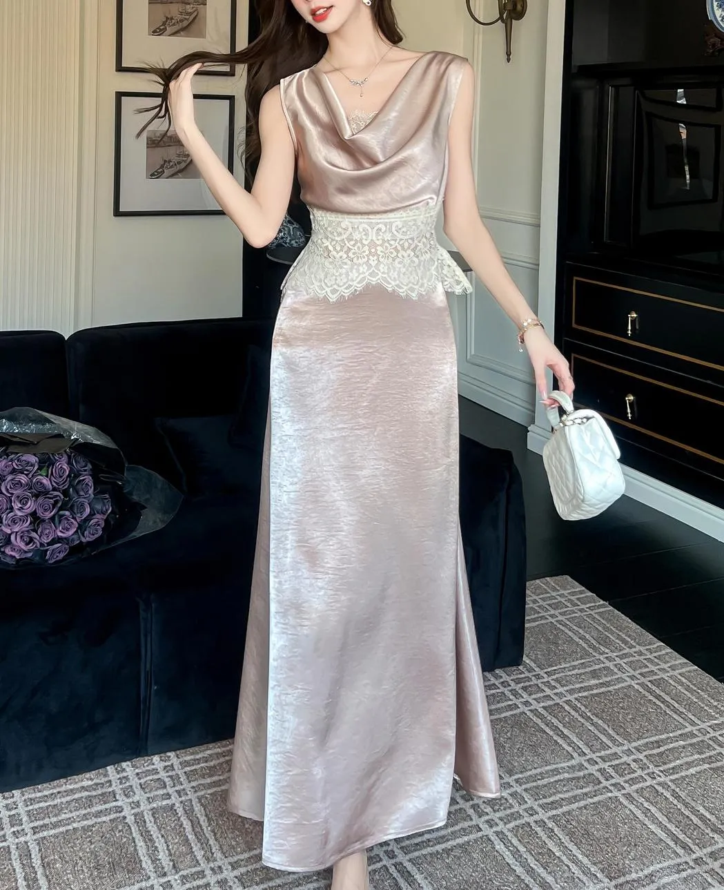 Elegant Women's Silk Dress with Sleeveless Design and Cowl Neck