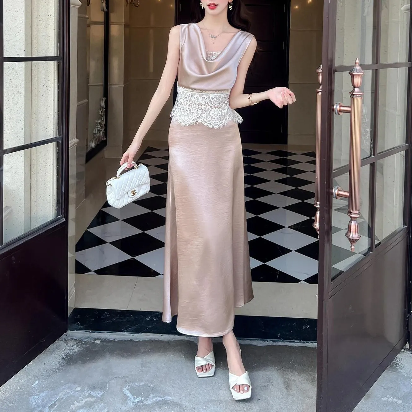 Elegant Women's Silk Dress with Sleeveless Design and Cowl Neck