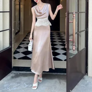Elegant Women's Silk Dress with Sleeveless Design and Cowl Neck