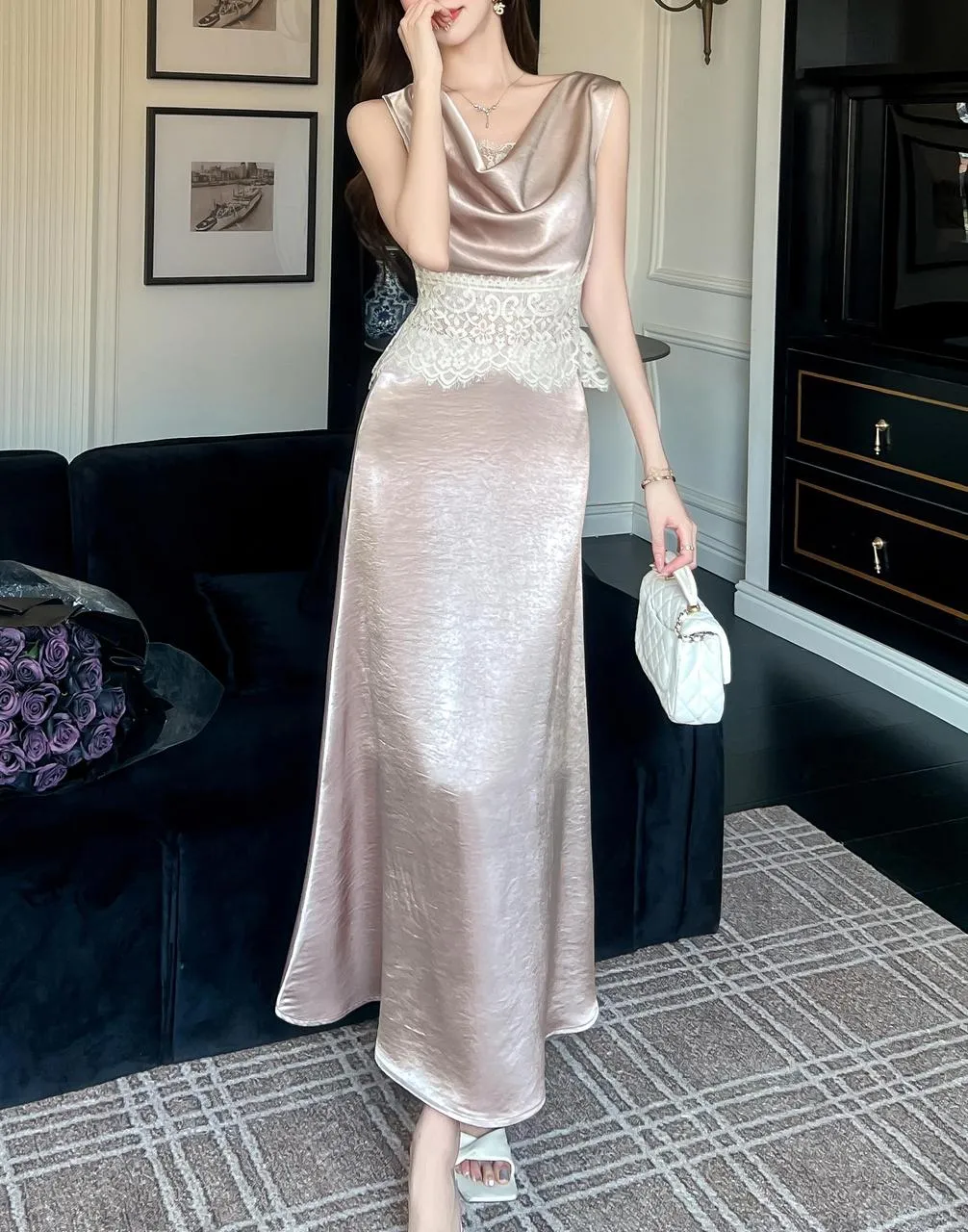 Elegant Women's Silk Dress with Sleeveless Design and Cowl Neck