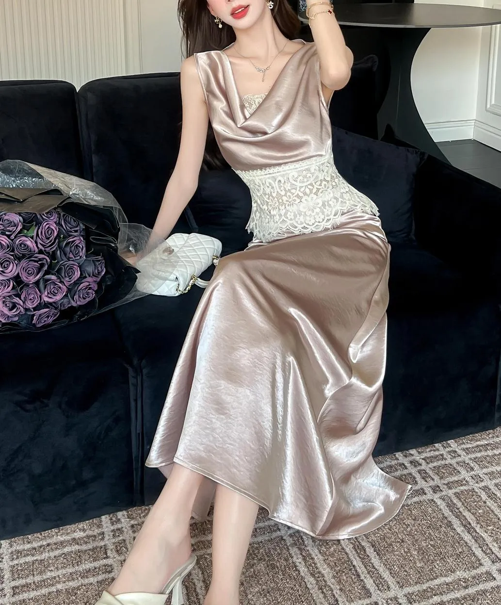 Elegant Women's Silk Dress with Sleeveless Design and Cowl Neck