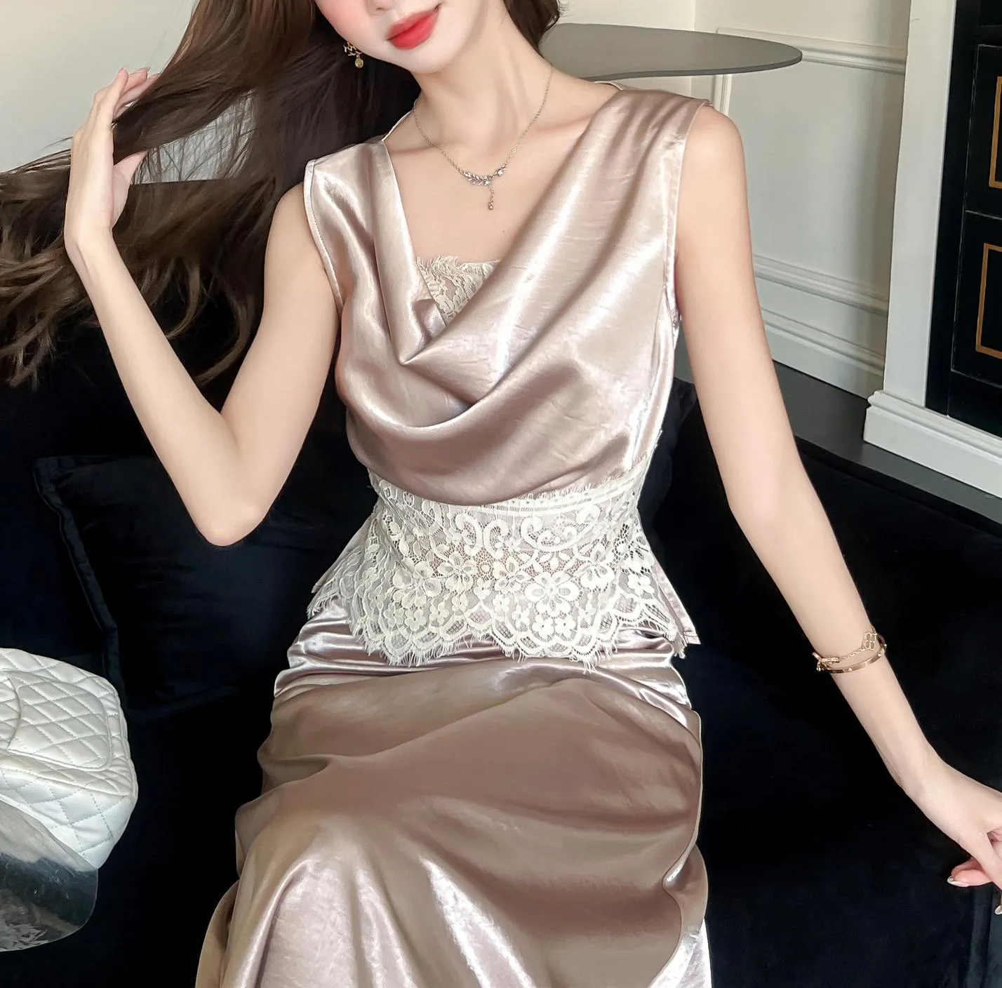 Elegant Women's Silk Dress with Sleeveless Design and Cowl Neck