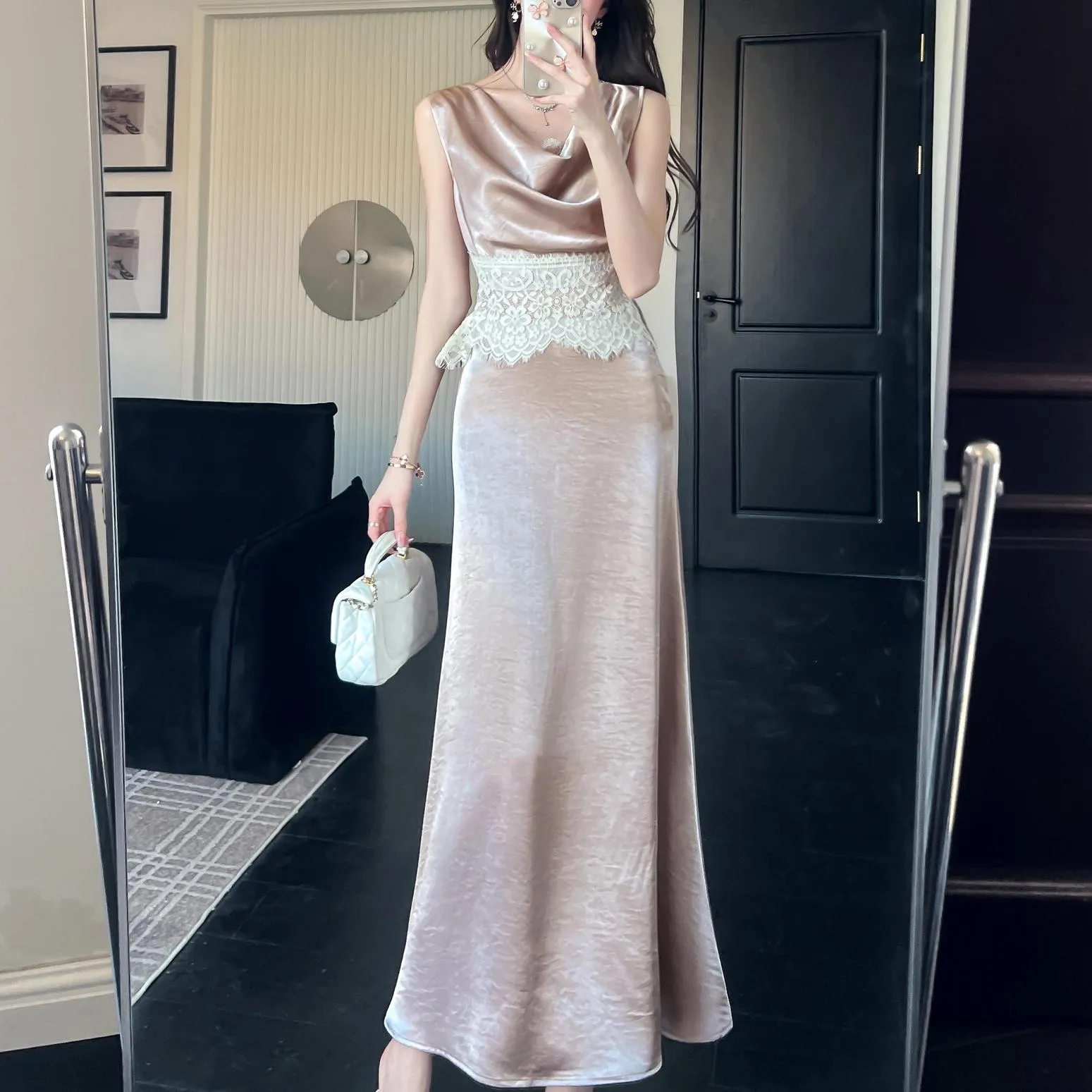 Elegant Women's Silk Dress with Sleeveless Design and Cowl Neck
