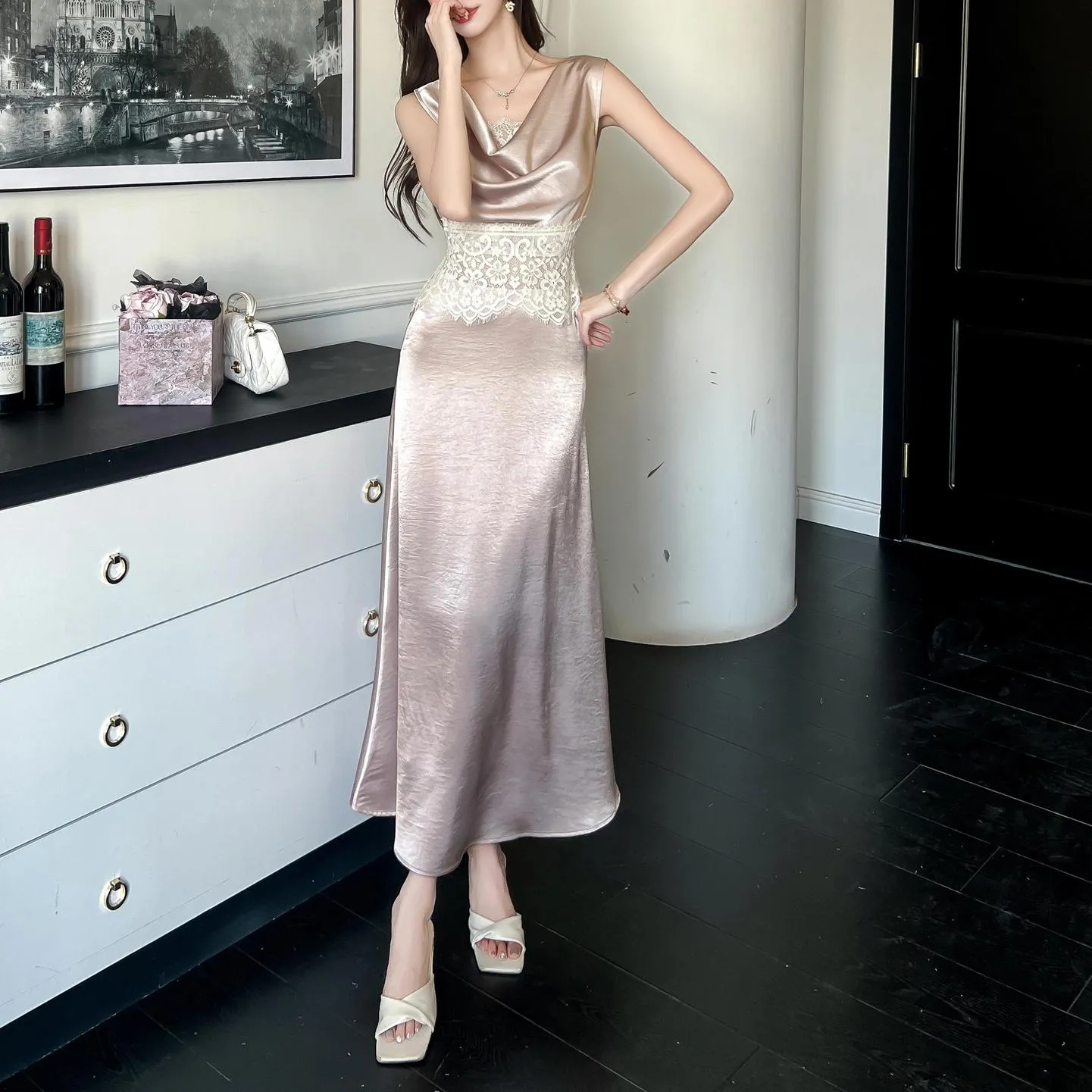 Elegant Women's Silk Dress with Sleeveless Design and Cowl Neck