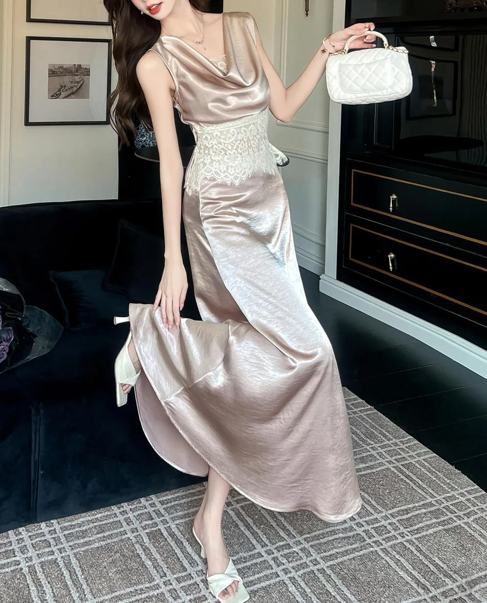Elegant Women's Silk Dress with Sleeveless Design and Cowl Neck