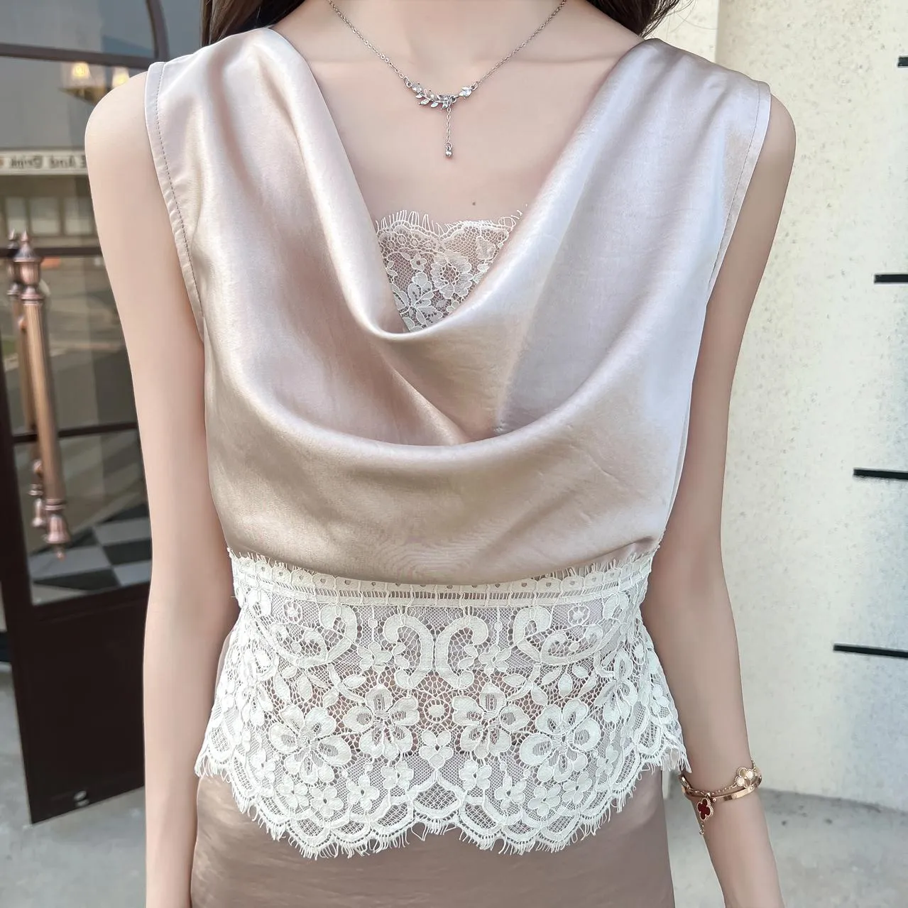 Elegant Women's Silk Dress with Sleeveless Design and Cowl Neck