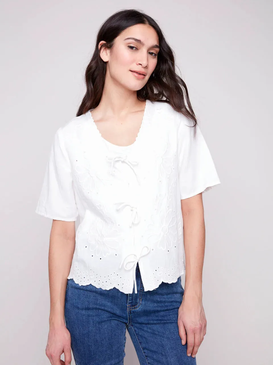 Eyelet Embroidery Blouse with Front Ties