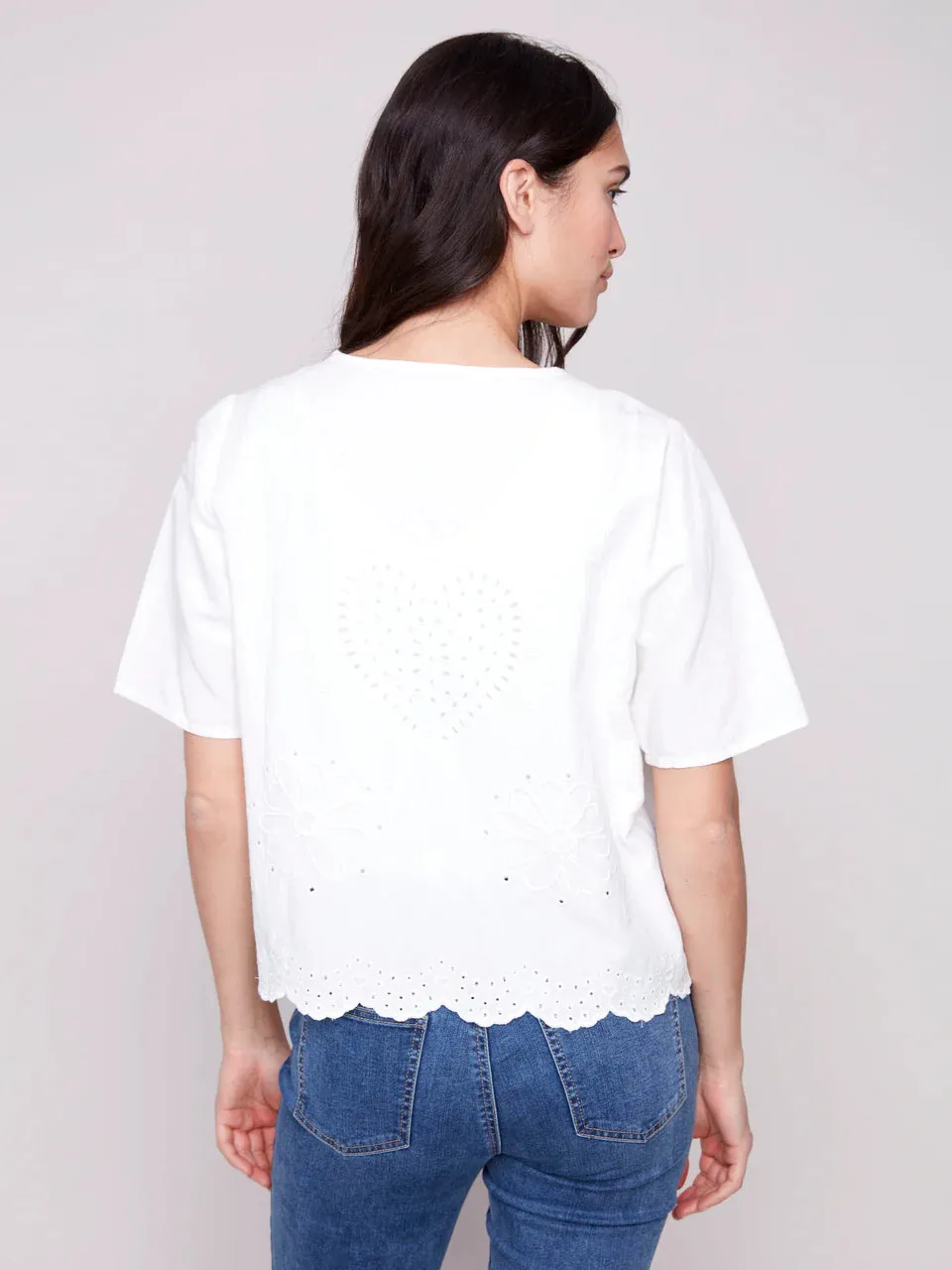 Eyelet Embroidery Blouse with Front Ties