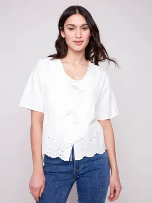 Eyelet Embroidery Blouse with Front Ties