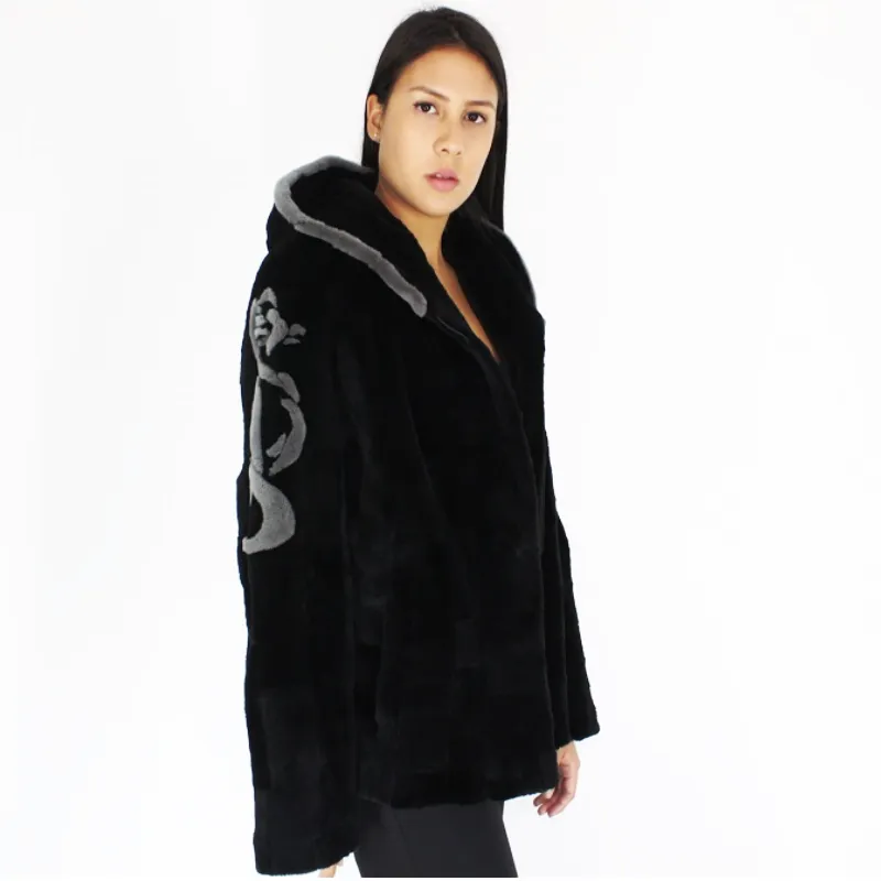 FI Colored black shaved nutria pieces with hood jacket