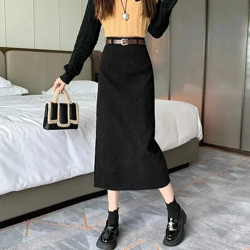 French-style Back slit High waist Midi Corduroy pencil Skirt for women