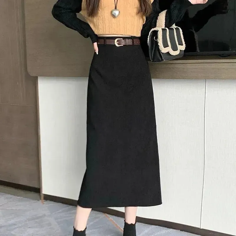 French-style Back slit High waist Midi Corduroy pencil Skirt for women