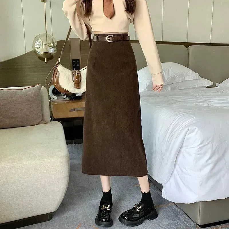 French-style Back slit High waist Midi Corduroy pencil Skirt for women