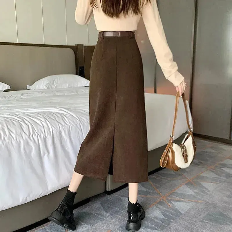 French-style Back slit High waist Midi Corduroy pencil Skirt for women