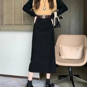 French-style Back slit High waist Midi Corduroy pencil Skirt for women