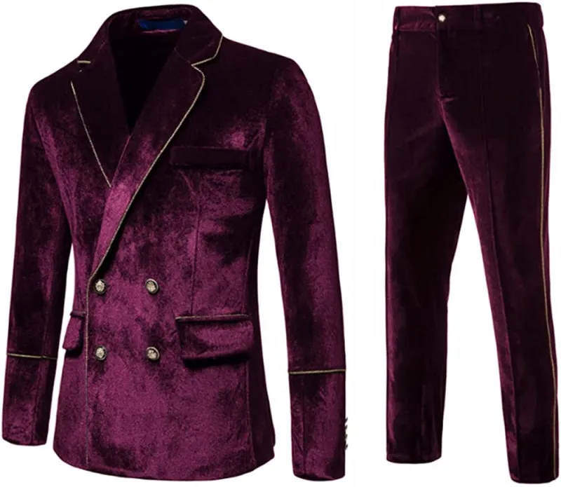 Glamorous Burgundy Double Breasted Velvet Prom Suits Notched Lapel Wedding Tuxedos