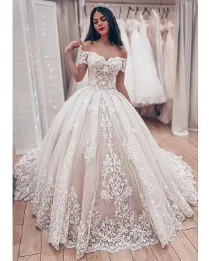 Gorgeous Lace Ball Gown Wedding Dresses Latest Sweetheart Off The Shoulder Appliques Lace Up Back Muslim Bride Wedding Gown