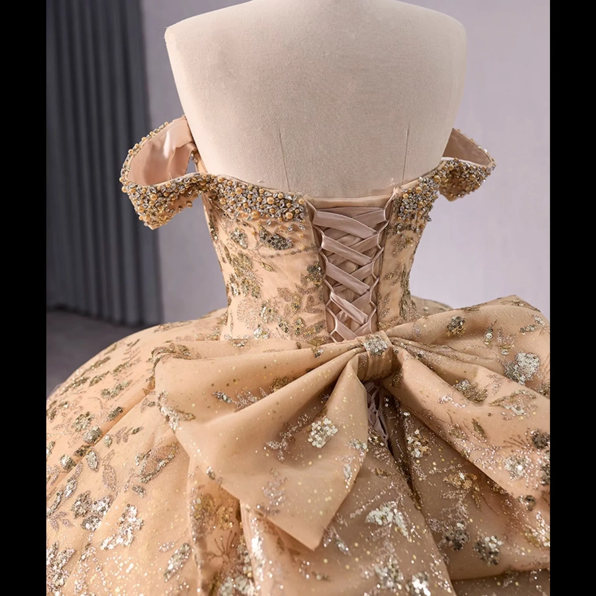 Gorgeous Sequin Basque Waist Wedding Gown Off Shoulder Quinceanera Dress