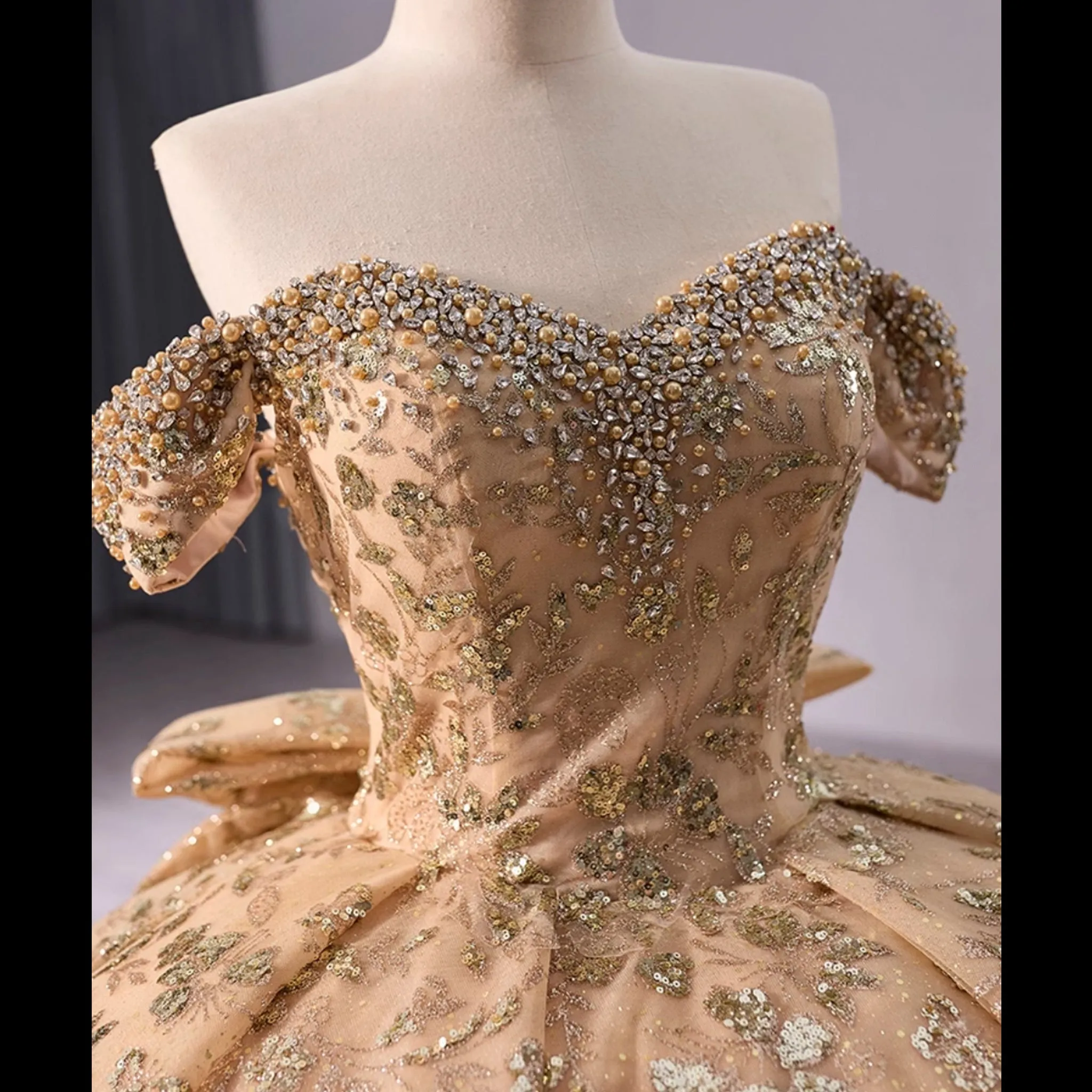 Gorgeous Sequin Basque Waist Wedding Gown Off Shoulder Quinceanera Dress