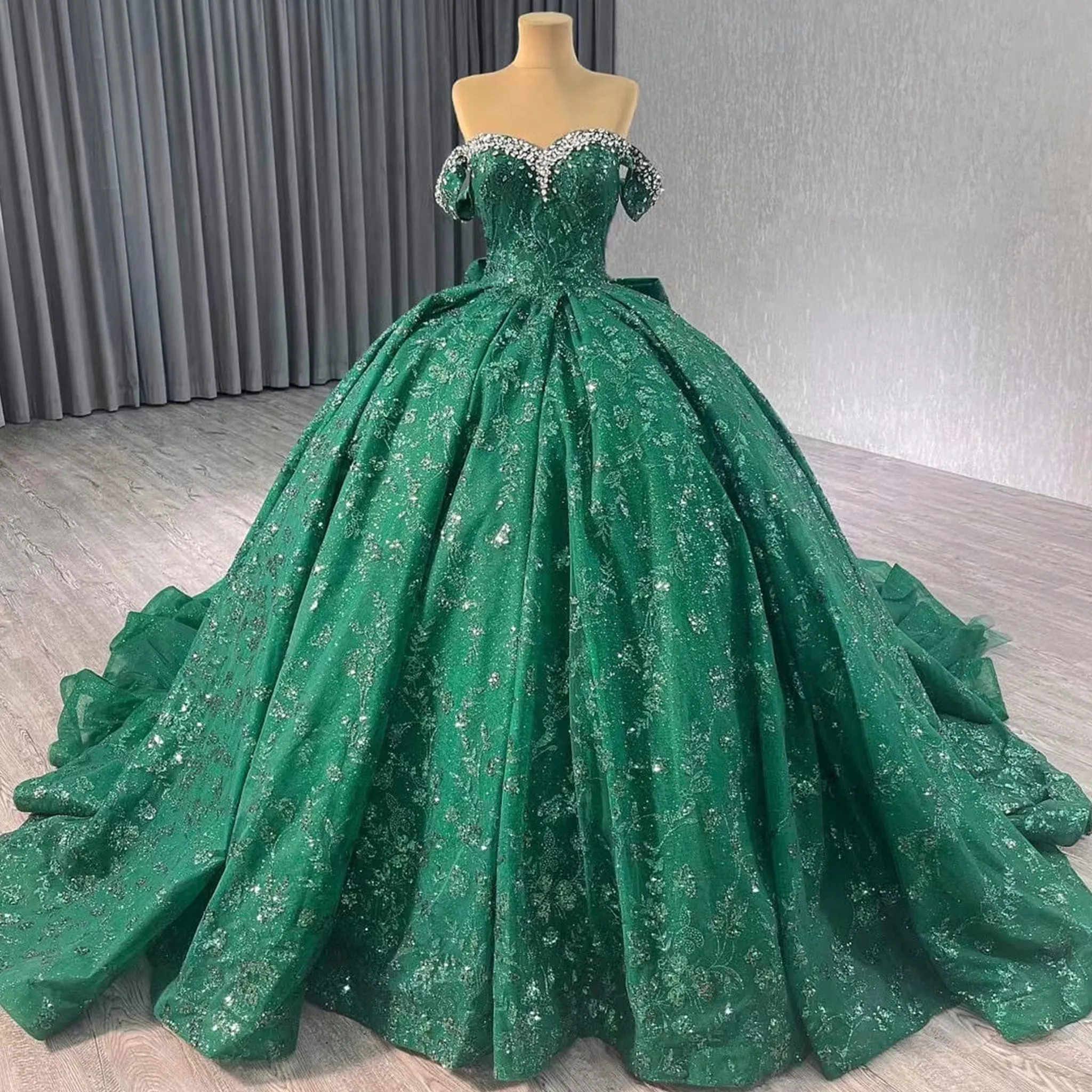 Gorgeous Sequin Basque Waist Wedding Gown Off Shoulder Quinceanera Dress
